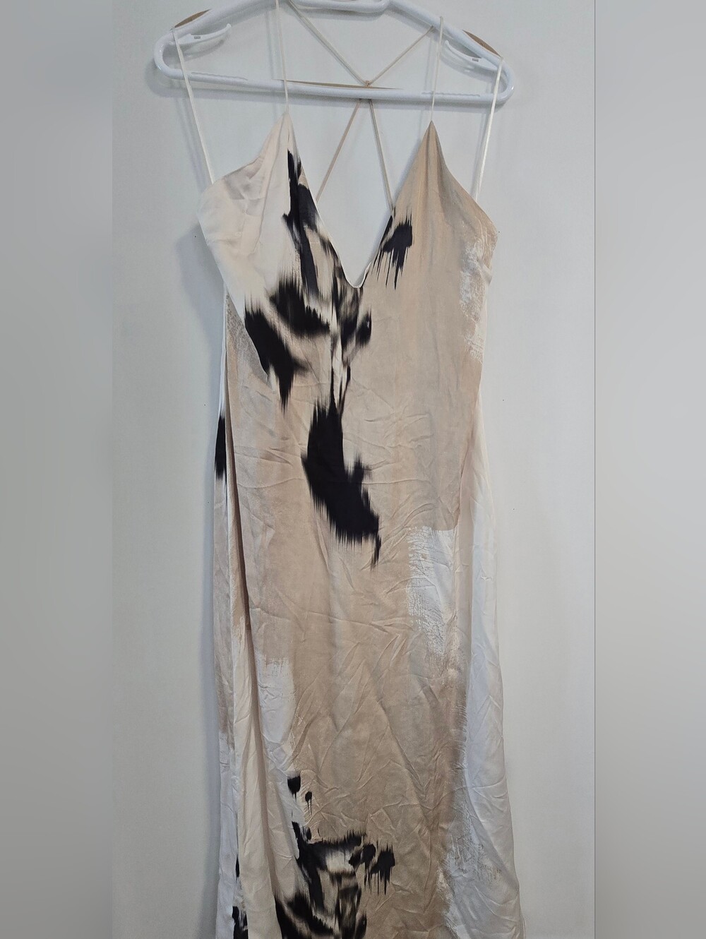 ZARA Beige Black Tie-Dye Slip V NECK LONG Satin Spaghetti Straps Maxi  Dress M